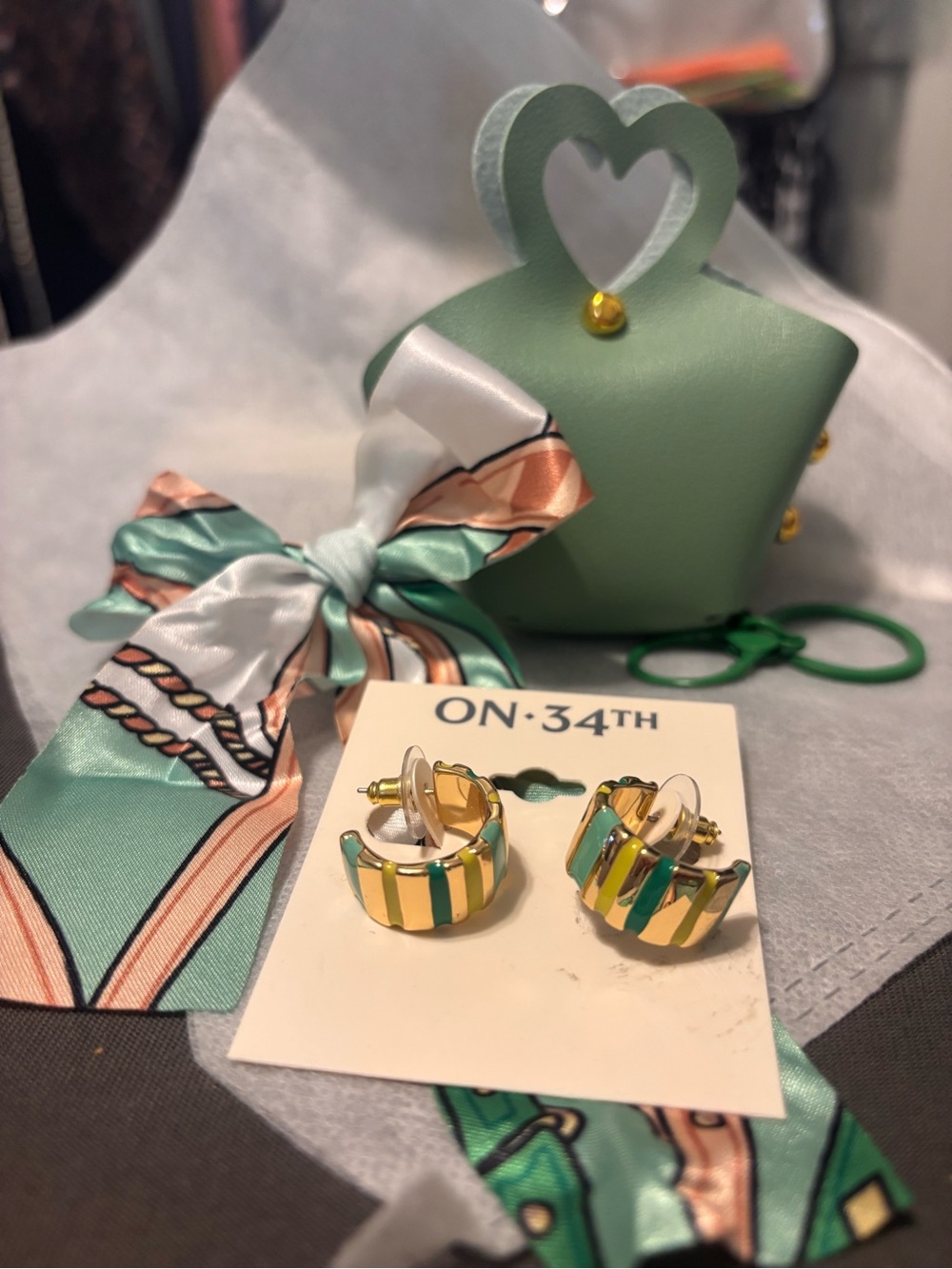 ON·34TH Enamel Earrings & Mint Green Bag Charm with Scarf & Keychain